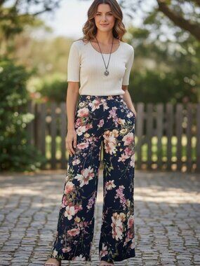 Navy Floral Wide Leg Pants S Boho Vacation Spring